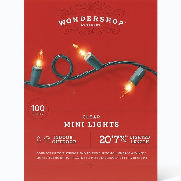 Wondershop 100 ct Clear Mini Lights Green Wire indoor / Outdoor 24’8” Long. NEW - Picture 1 of 3